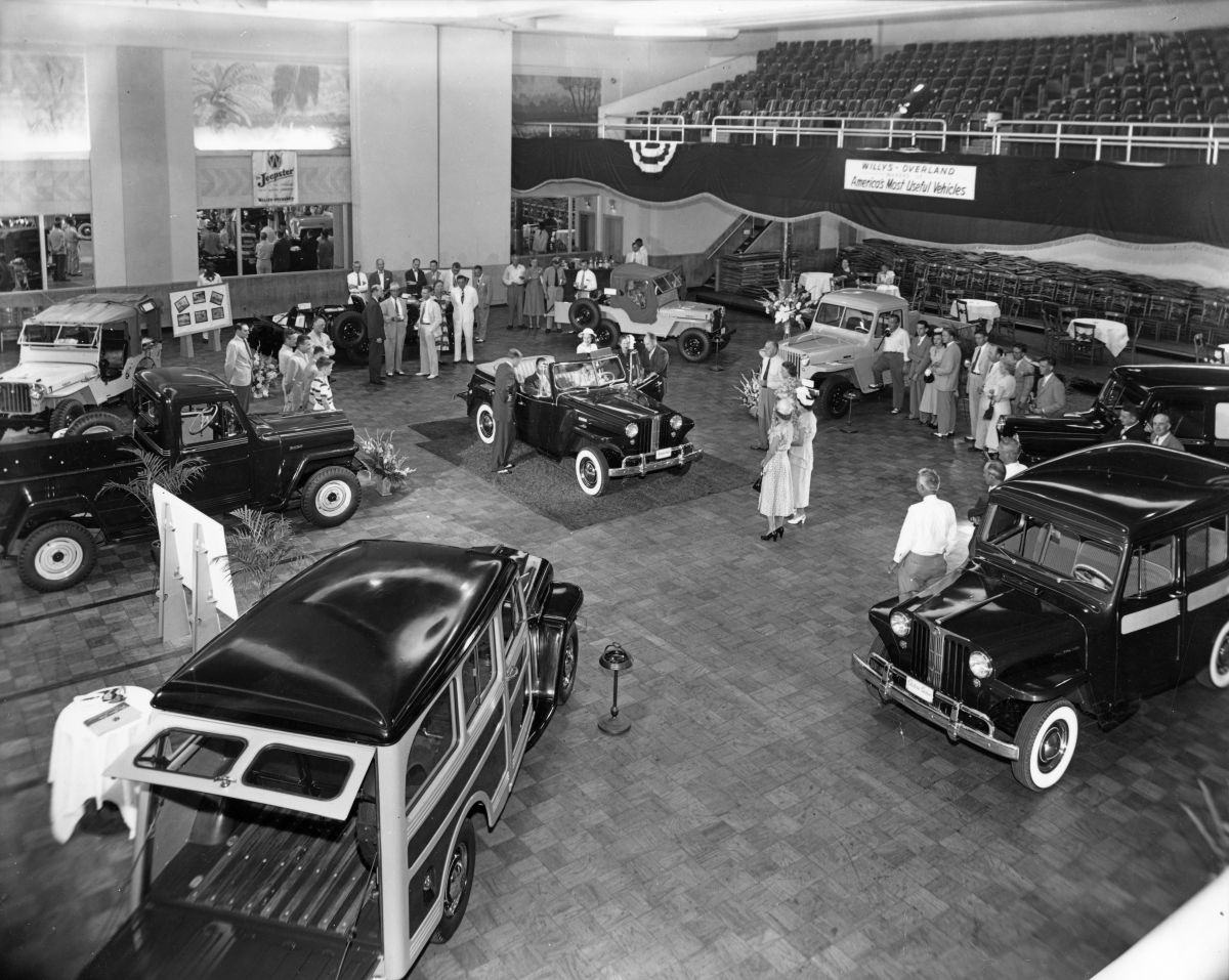 Showroom display of jeeps