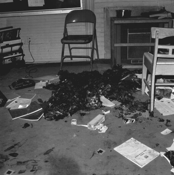 View of fire damage from arson at an African American school in Tallahassee, Florida.