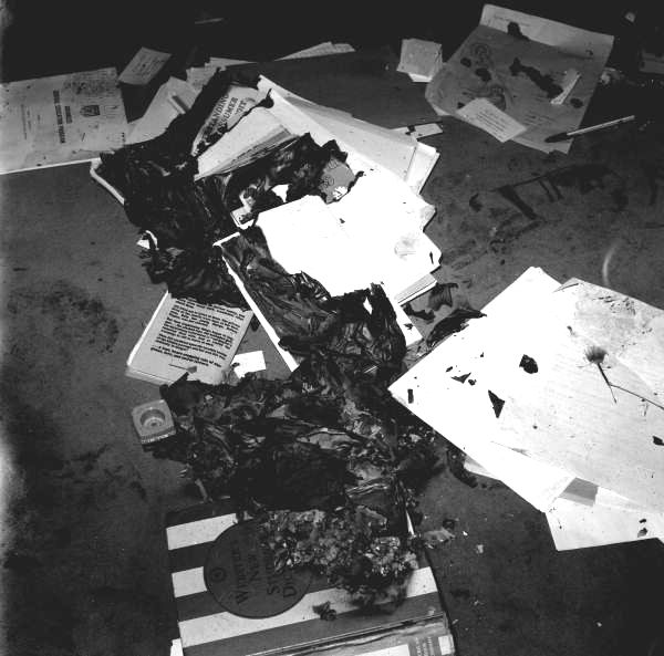Close-up view of fire damage from arson at an African American school in Tallahassee, Florida.
