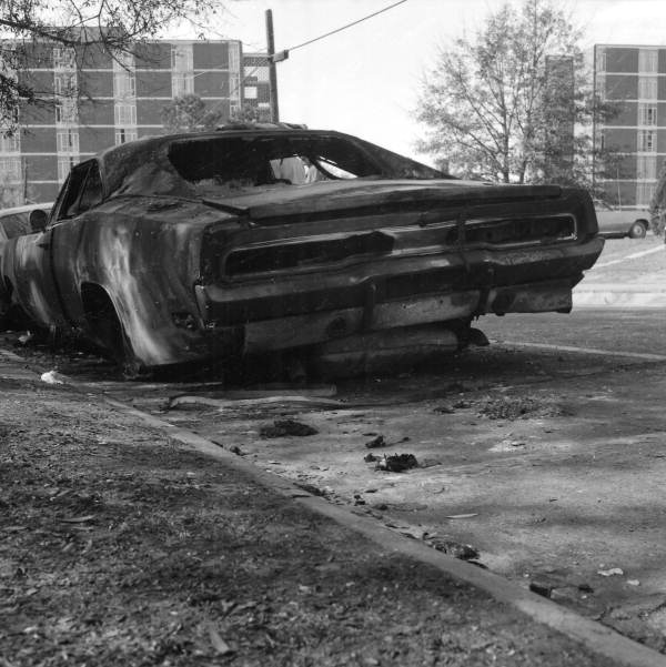 View showing a car destroyed by arson at FSU in Tallahassee, Florida.