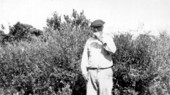 Man standing in field of crotalaria - Brevard County, Florida.