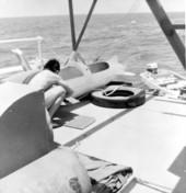 Unidentified treasure hunter working on deck of ship