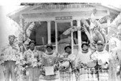 Miccosukees with their crafts outside the mission