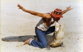 Man wrestling an alligator at the Brighton Seminole Reservation.