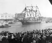 Large crowd gathered to see the "Jose Gaspar" pirate ship in the Gasparilla Carnival - Tampa, Florida.