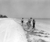 Mrs. Barron with her niece and children beachcombing and collecting shells on the beach - Sanibel Island, Florida.