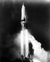 View of an Atlas missile launch.