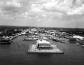Aerial view overlooking municipal auditorium on the man-made pier in Pensacola.
