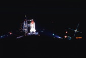 Space shuttle on launch complex at the Kennedy Space Center.
