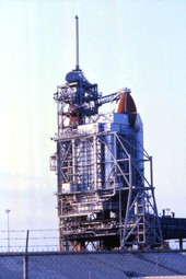 View of the space shuttle on launch site at the Kennedy Space Center.