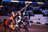 Men "ring jousting" at the Medieval Times Dinner and Tournament attraction in Kissimmee, Florida.