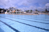 View of the swimming pool at the Six Flags Atlantis attraction in Hollywood, Florida.