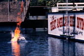 View of flaming diver during Great American High Diving show at the Weeki Wachee Springs amusement park.