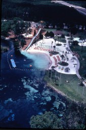 Aerial view looking over the Buccaneer Bay water slide attraction at Weeki Wachee Springs amusement park.