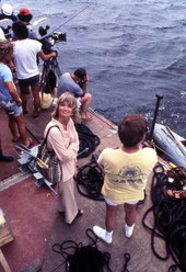 View showing Jaws II movie crew members filming on location in Destin, Florida.