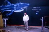 Unidentified Jaws 3-D film crew member on location at Sea World in Orlando, Florida.