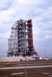 Rocket and gantry at the Kennedy Space Center on Merritt Island near Titusville, Florida.