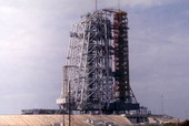 View showing gantry and rocket at Cape Kennedy on Merritt Island near Titusville, Florida.