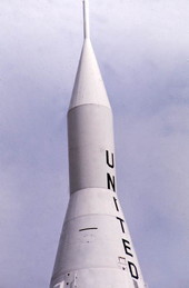 Nose of a rocket at Cape Kennedy on Merritt Island near Titusville, Florida.