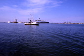 View looking toward the Queen Elizabeth 2 ocean liner moored at Port Canaveral, Florida.