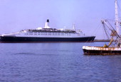 View showing the Queen Elizabeth 2 ocean liner moored at Port Canaveral, Florida.