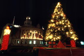 View of Christmas tree and decorations in Coral Gables, Florida.