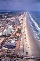 Aerial view looking north along shoreline at Daytona Beach, Florida.