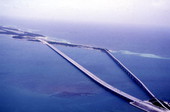 Aerial view looking southeast over the Overseas Highway at Bahia Honda Key, Florida.