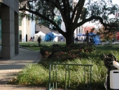 News service tents on grounds of Leon County Courthouse during the 2000 presidential election vote dispute.