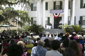 Florida Secretary of State Ken Detzner speaking to audience during the Emancipation Day Celebration at the Knott House Museum in Tallahassee.