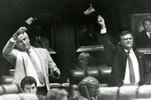 Rep. David Flagg and Rep. F. Allen Boyd do some flag waving on the House floor - Tallahassee, Florida.