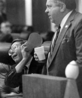 Rep. Stephen Wise uses megaphone to listen to Jim King - Tallahassee, Florida.