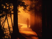 Unidentified person on a boardwalk.