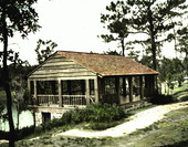 Wooden pavilion overlooking a lake
