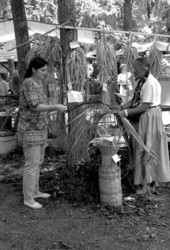 Patricia Sauls (R) showing her palm art at a craft vending booth- White Springs, Florida