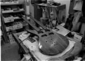 Double-neck electric guitar under construction at Dick Wagner's music shop - Jacksonville, Florida.