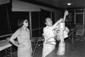 Sumino McGlamory (L) observes as Atsuko Lefcourte makes Ikebana floral arrangement- Palm Beach, Florida.