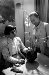 Sumino McGlamory (L) makes Ikebana floral arrangements as Atsuko Lefcourte looks on- Lake Park, Florida.