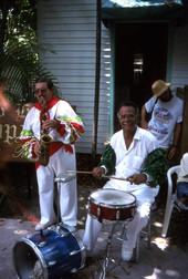 Cuban comparsa band members Hector Borroso (R) and Buddy Chaver performing- Key West, Florida.