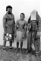Nigerian acrobatic dancers Augustine (l) and Felix Omeben (r) with apprentice Akila Baki - North Miami, Florida.