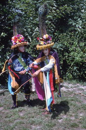 Jose Silva, right, and his apprentice Marvin Silva rehearse the role of the mandador, or Spanish commander, for the Nicaraguan Toro Huaco pageant.