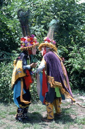 Jose Silva, right, and his apprentice Marvin Silva rehearse the role of the mandador, or Spanish commander, for the Nicaraguan Toro Huaco pageant.
