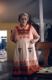 Erna Parpard wearing an embroidered apron - Boynton Beach, Florida.