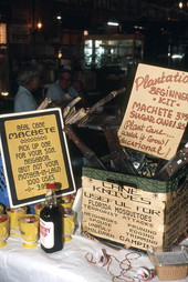 Restaurant display of "Plantation Beginner Kit", with machetes, sugar cane and syrup - Clewiston, Florida.