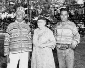 Seminole Indian Billy Bowlegs III (left), with Mrs. Frederick Lykes of Brooksville, and Frankie Tommy at the 1954 Florida Folk Festival - White Springs, Florida