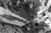 Bobby Henry, center, starting to work on a dugout canoe at the 1988 Florida Folk Festival - White Springs, Florida