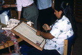 Alejandrina Ayme demonstrating traditional Peruvian Indian weaving - Gainesville, Florida.
