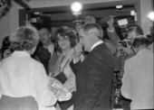Walter Mondale, unidentified woman and reporters - Tallahassee, Florida.