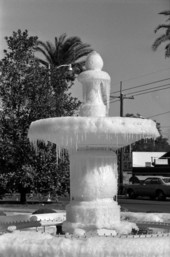 Close up of frozen water fountain at the FSU Westcott Building in Tallahassee, Florida.