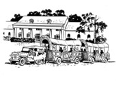 Sketch of a conestoga covered tour wagon by Bill Simpson